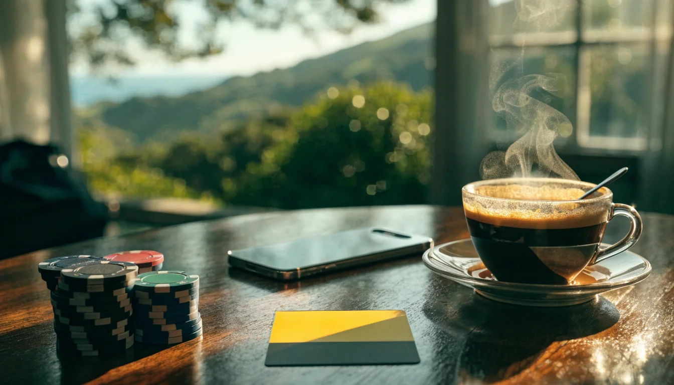 Casino chips, a Paysafecard voucher, and a smartphone on a wooden table with a New Zealand coastal view