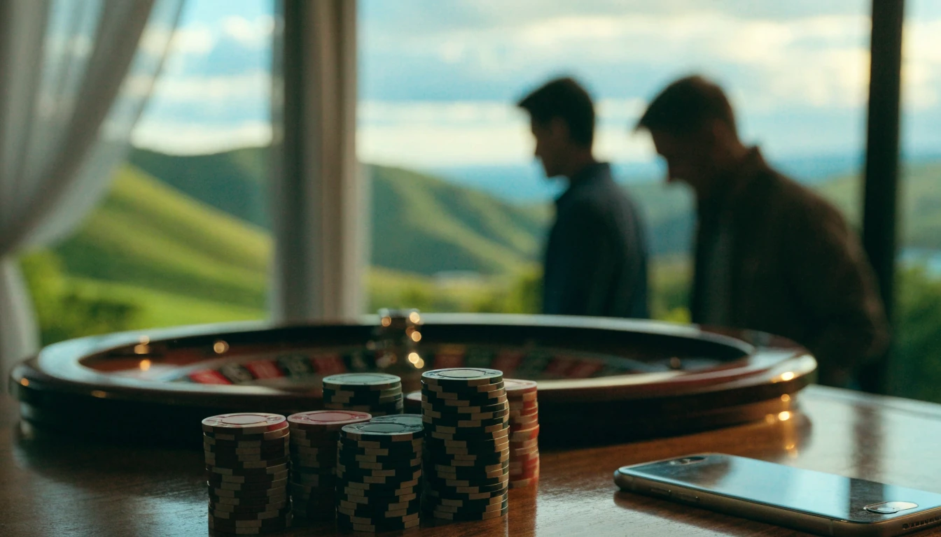 Casino chips and roulette wheel on a table with a smartphone, New Zealand landscape in the background