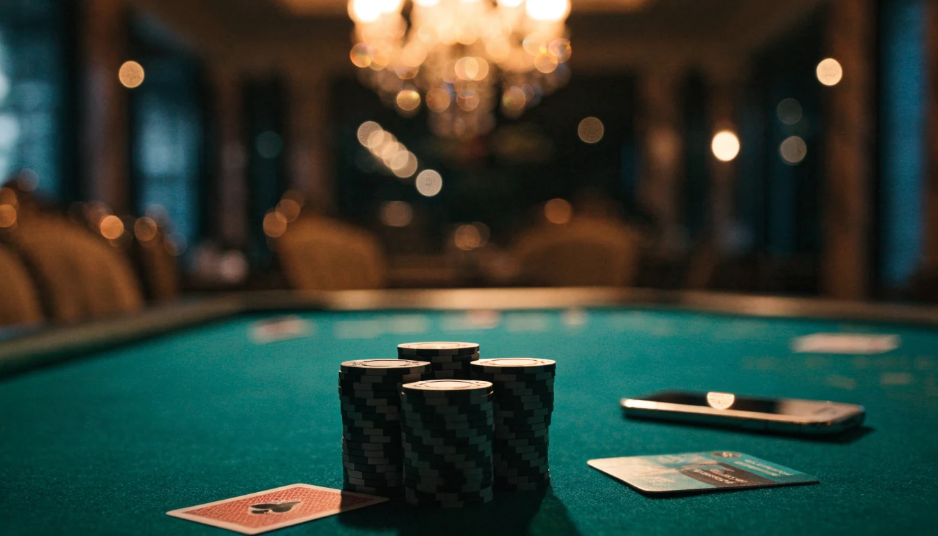Casino table with chips, card, face-down phone, and prepaid card in warm interior lighting