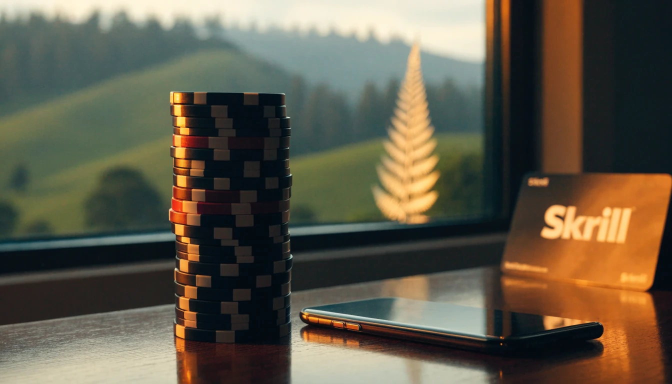 Casino chips, face-down smartphone, and Skrill card on a desk with New Zealand hills behind.