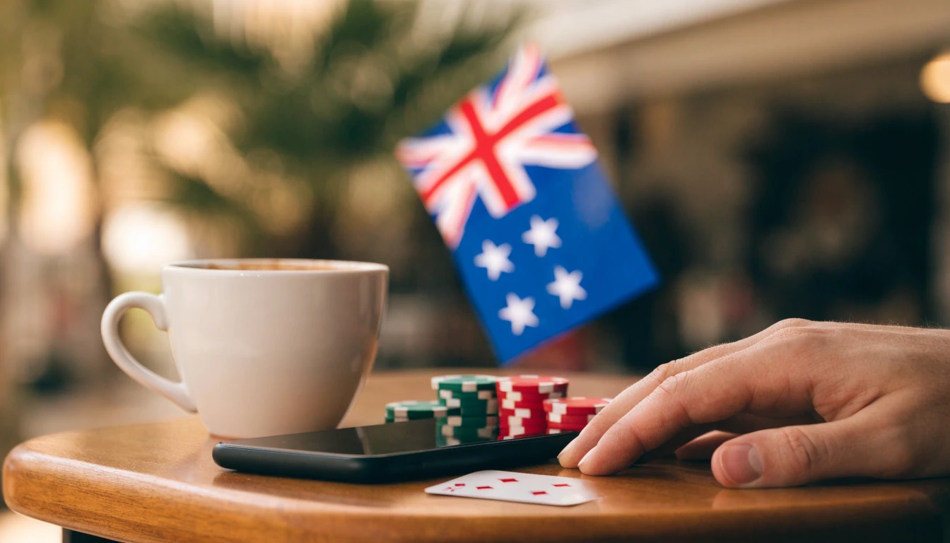 Smartphone on a New Zealand café table with chips and a card