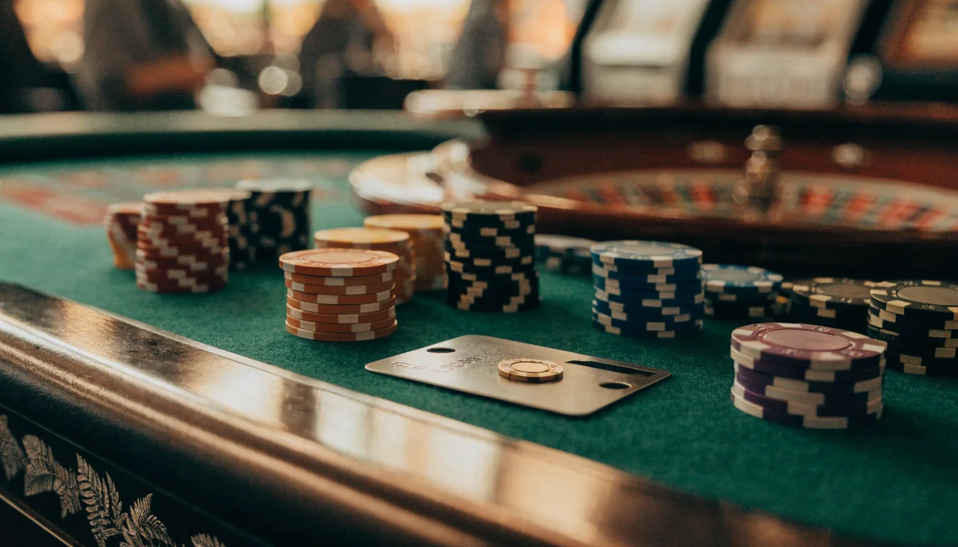 Visa credit card on green felt casino table with poker chips and roulette wheel, New Zealand theme.
