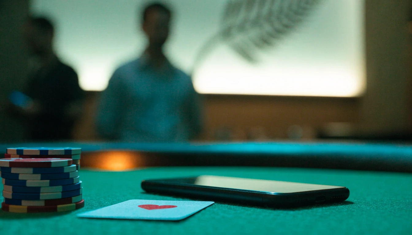 Smartphone on a casino table with chips and a card, New Zealand lounge setting