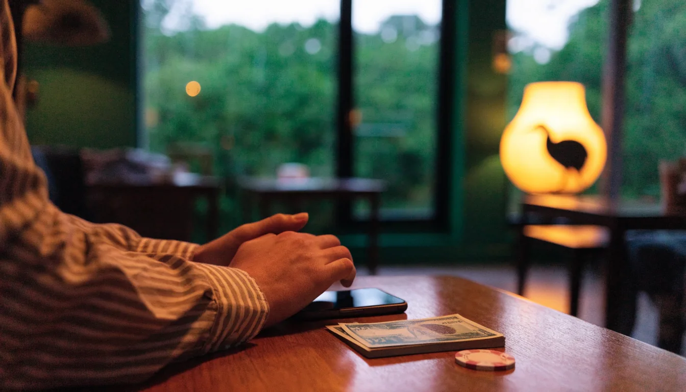 Hands near a smartphone with New Zealand dollars and a poker chip on a table.