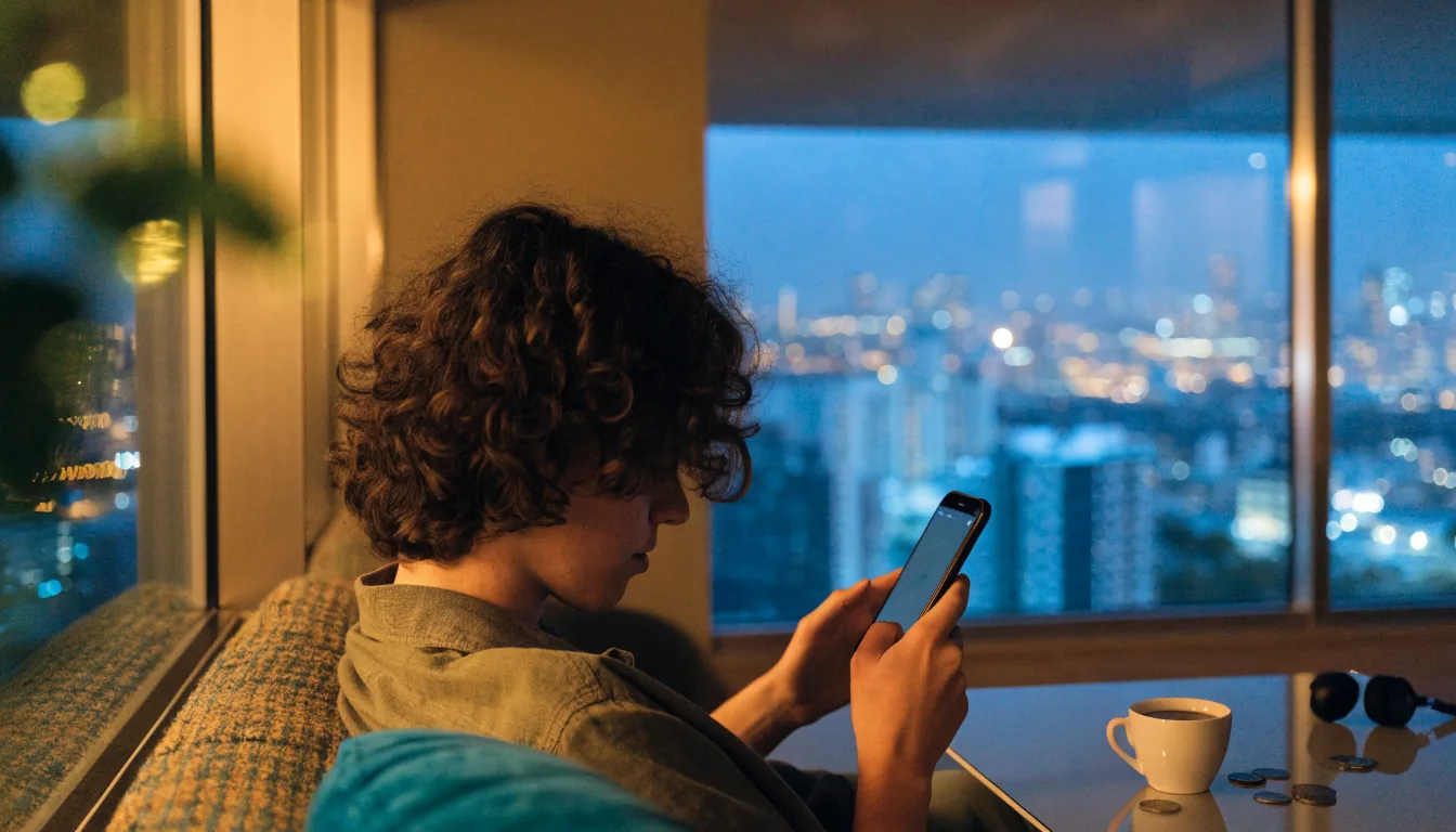 New Zealander playing mobile slots at home with Auckland skyline view