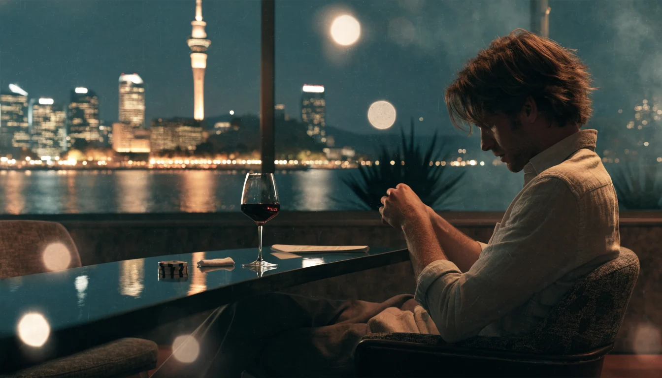 Stylized Auckland skyline at dusk with a lounge setting and poker chip