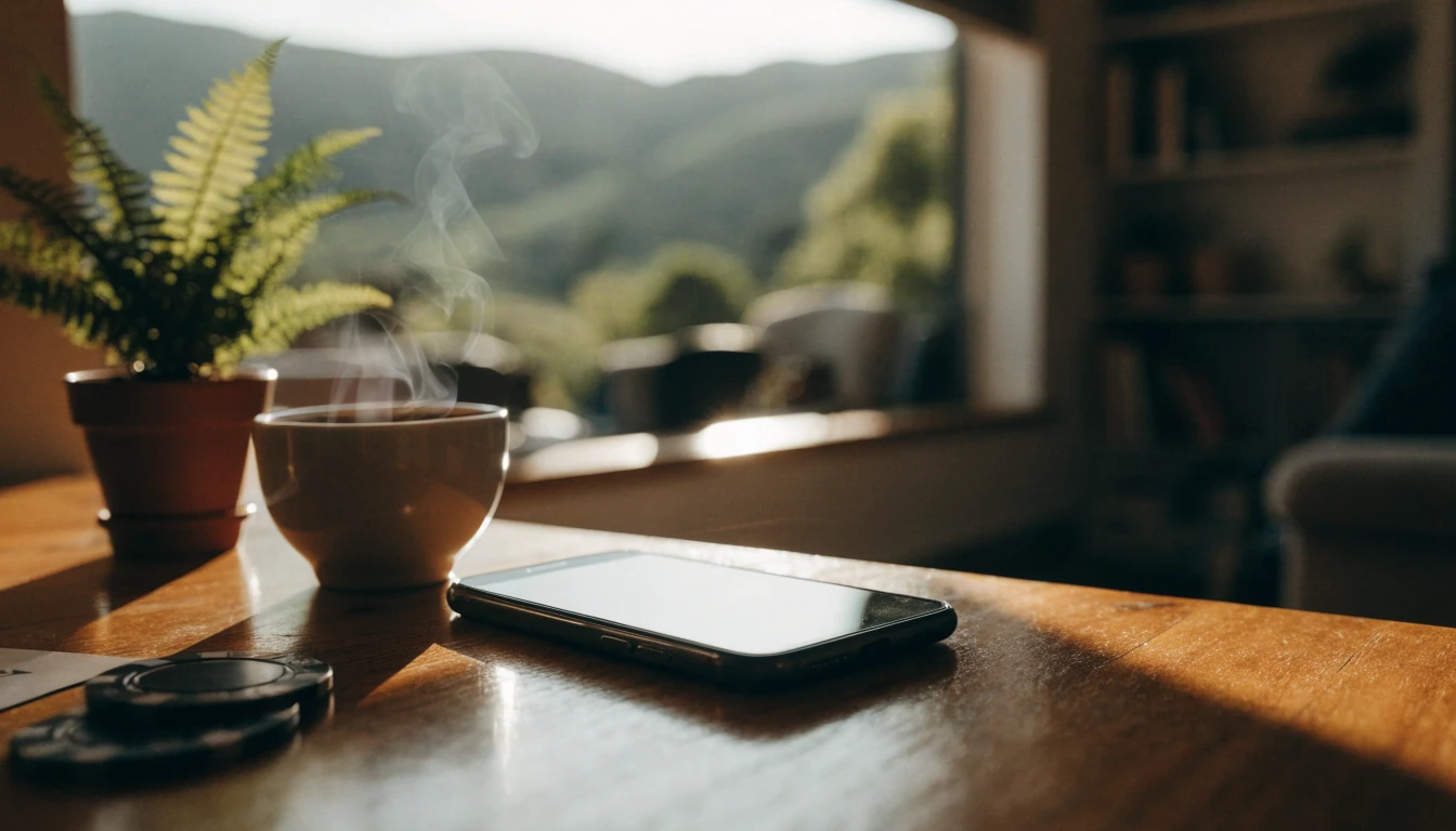 Smartphone on a table in a New Zealand home with casino chips nearby
