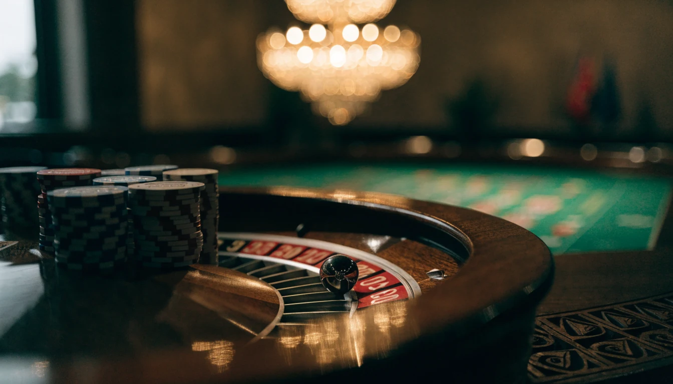 Elegant roulette wheel with chips in a sophisticated New Zealand casino setting.