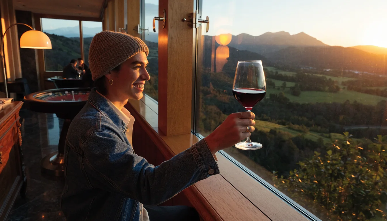 New Zealander in casino lounge with scenic landscape outside