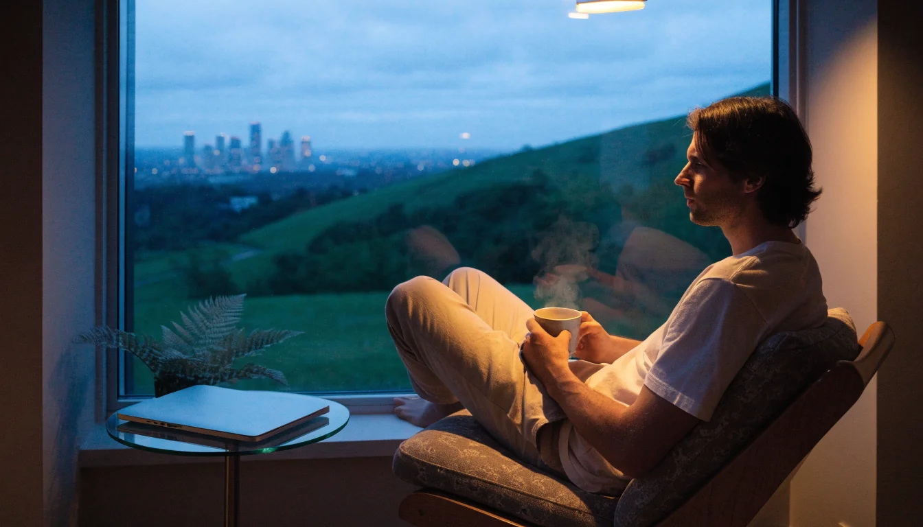 Man relaxing at home in New Zealand with laptop closed, hills and city skyline outside window