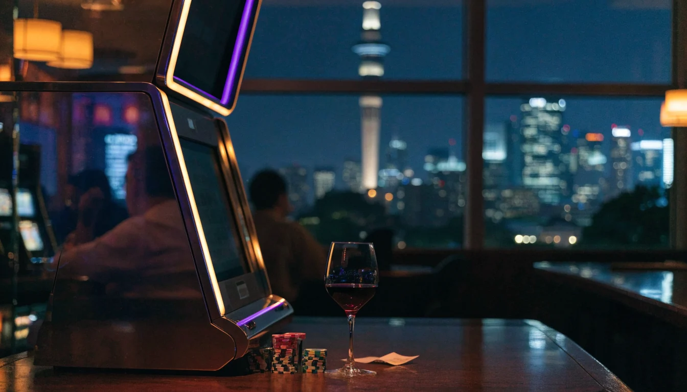 Glowing slot machine in an elegant New Zealand casino at night