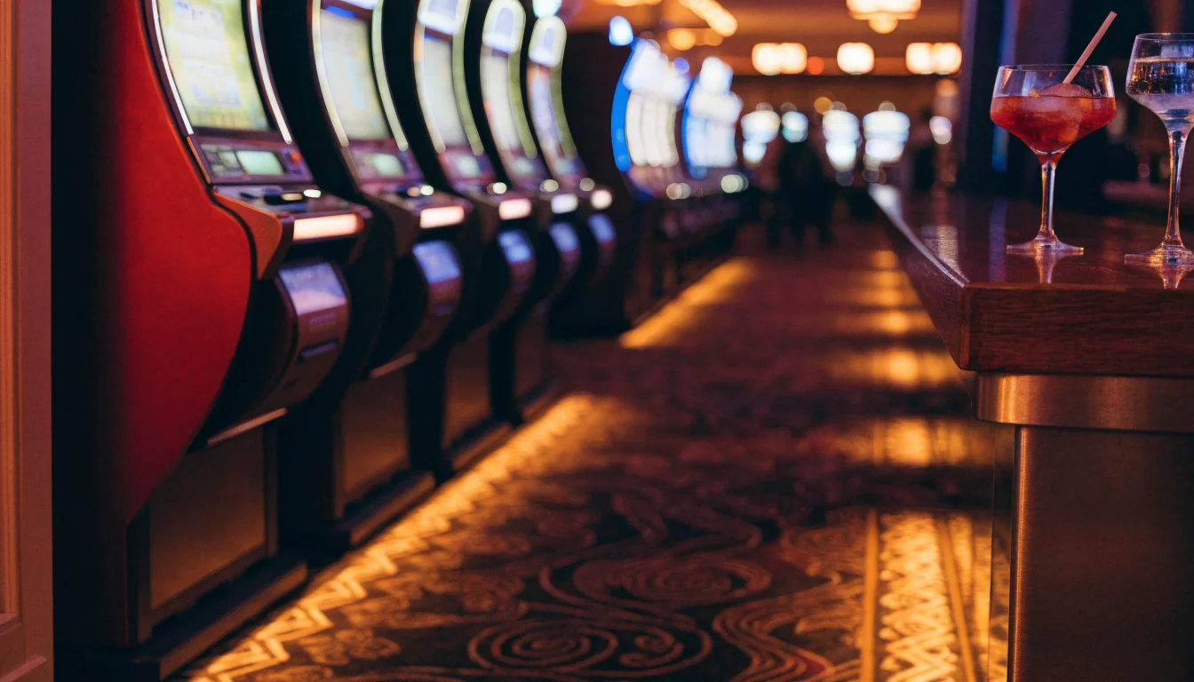 Modern New Zealand casino interior with rows of slot machines and warm ambient lighting