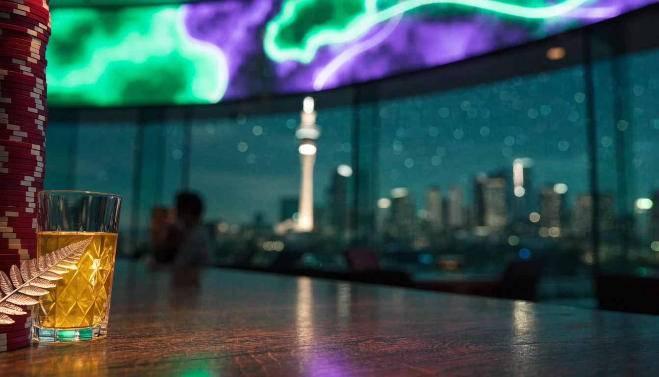 Casino chips and crystal glass on a bar counter with neon lights and Auckland Sky Tower in the background