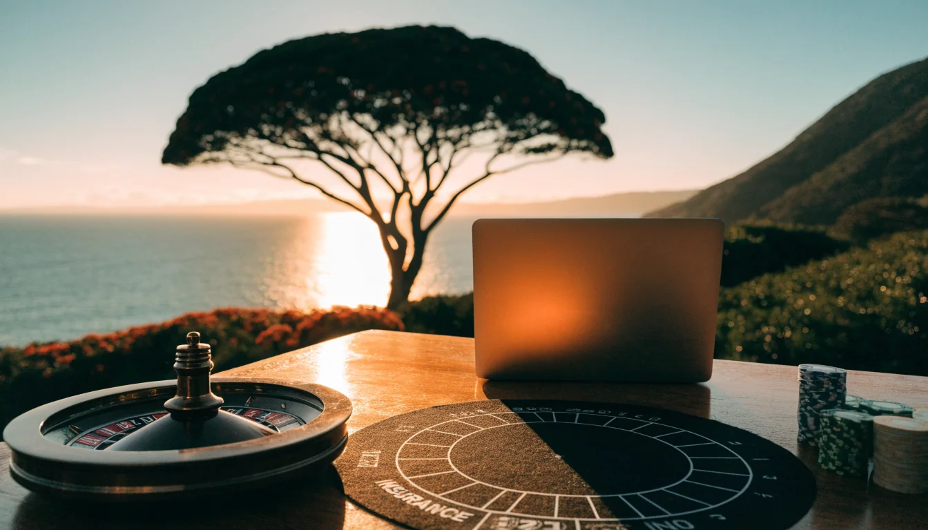 Casino table with chips and roulette wheel by a New Zealand coastline at sunset