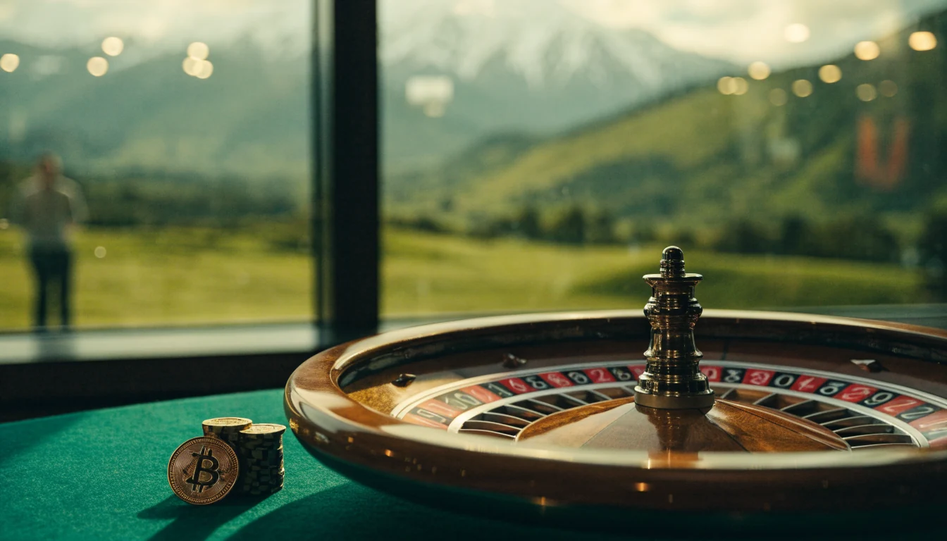 Roulette wheel with chips and Bitcoin coin on a casino table with New Zealand landscape visible behind.