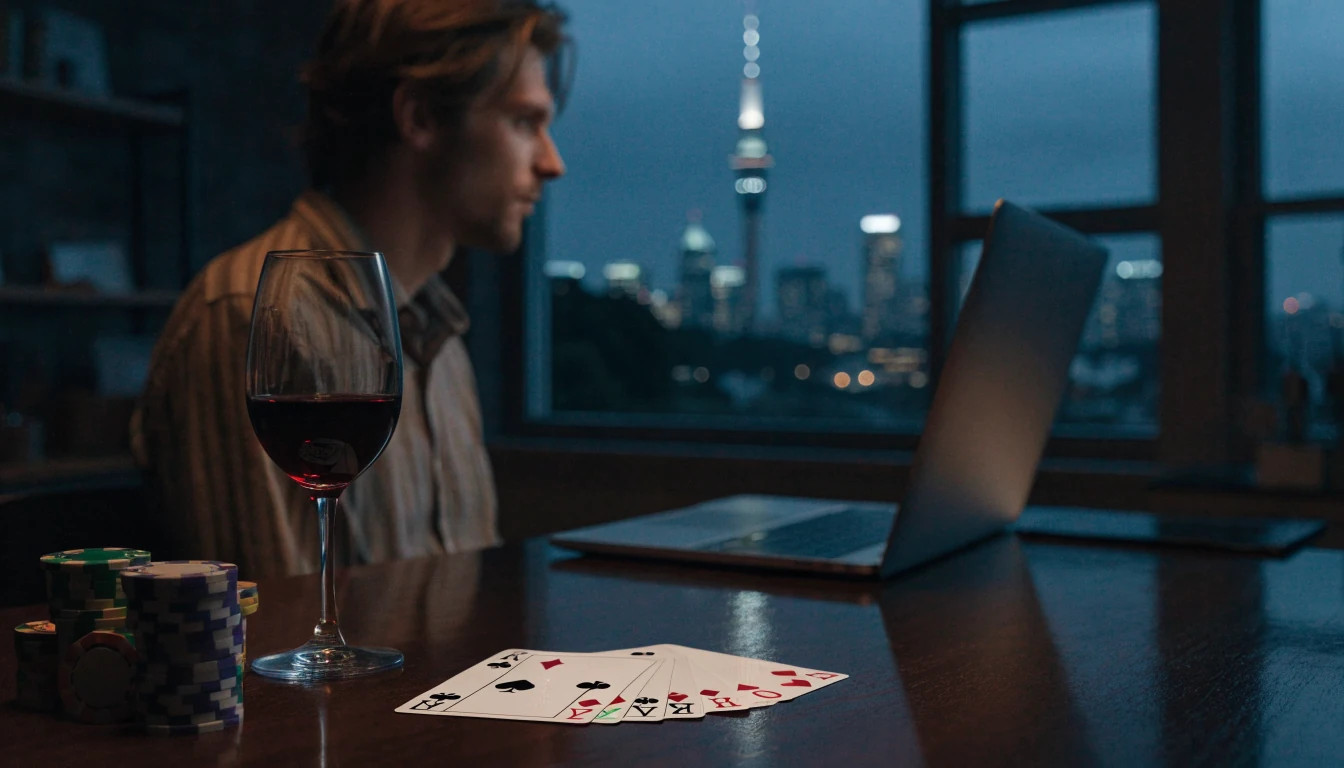 New Zealand player at desk with blackjack cards and chips at night