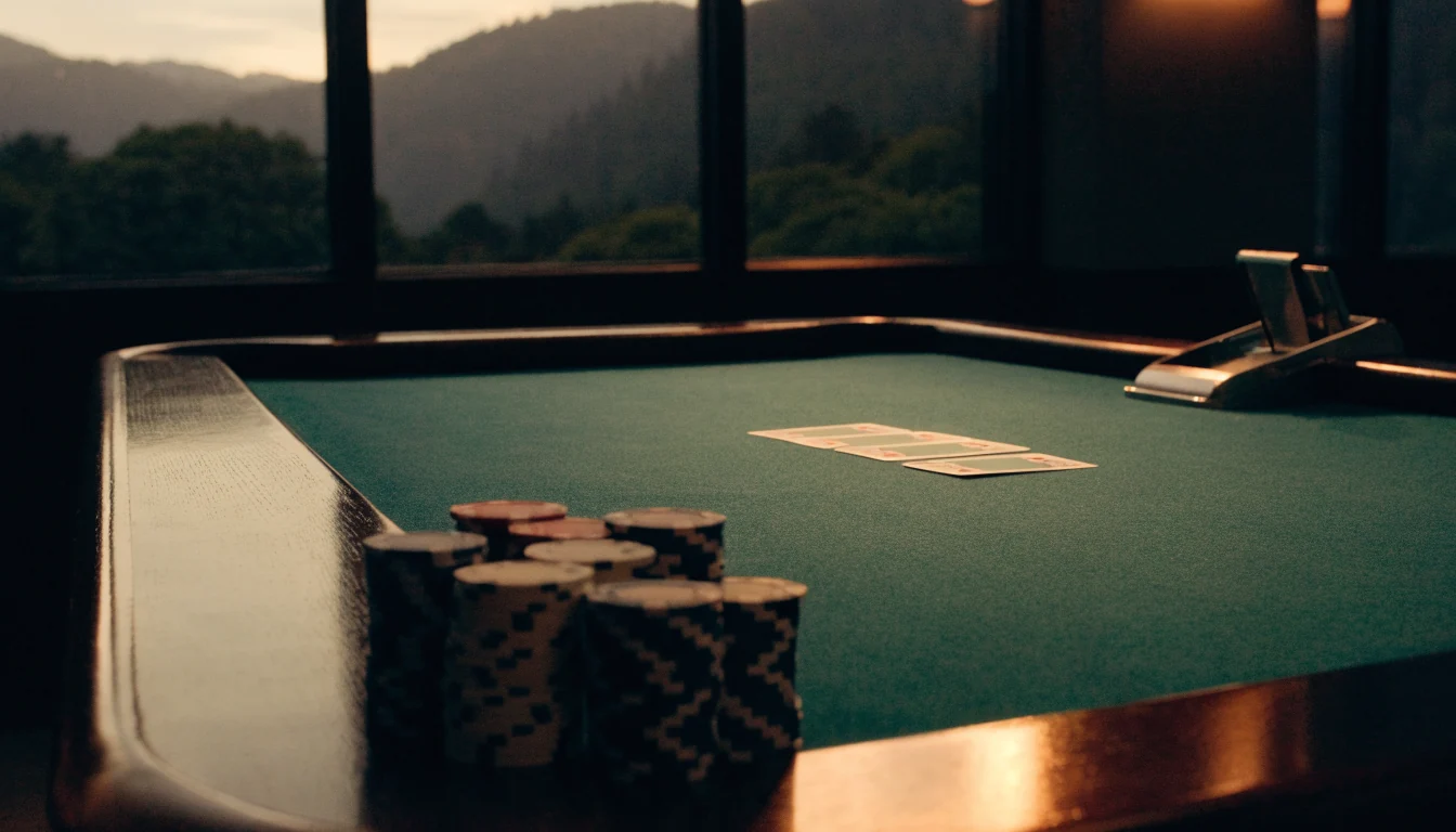 Blackjack table with chips and cards, New Zealand hills visible through window