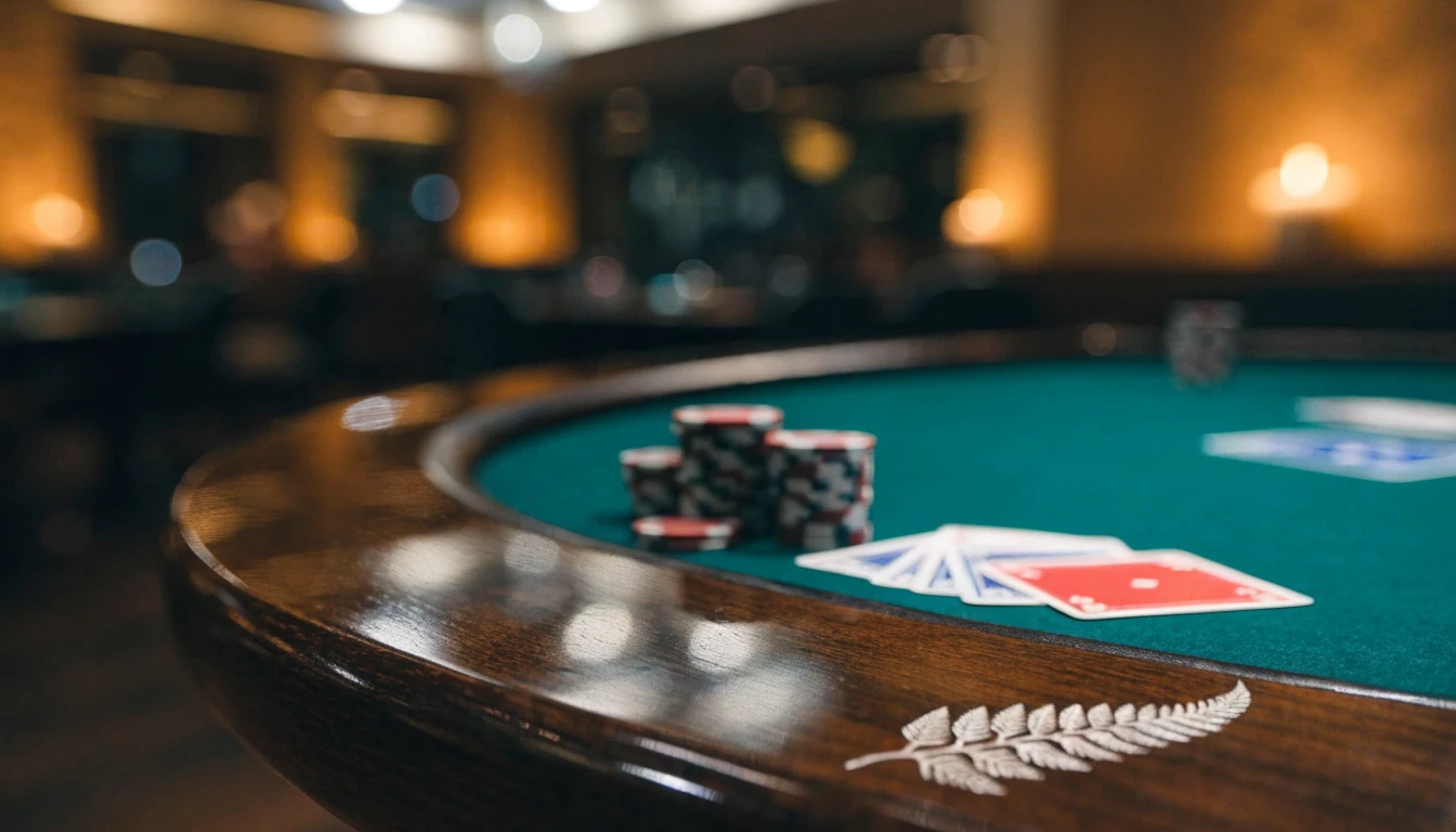 Blackjack table with cards and chips on green felt, subtle New Zealand silver fern motif.