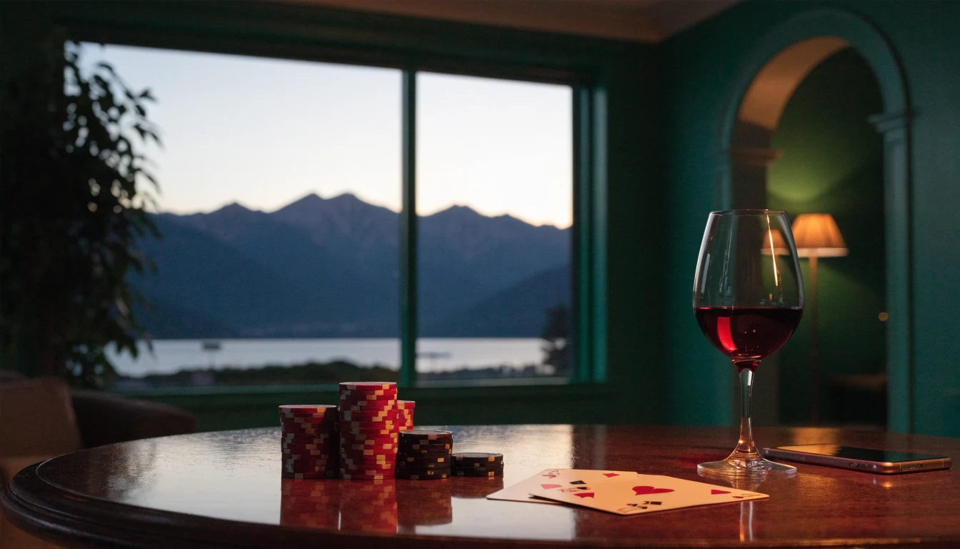 New Zealand home card table with chips and cards at twilight, mountains outside