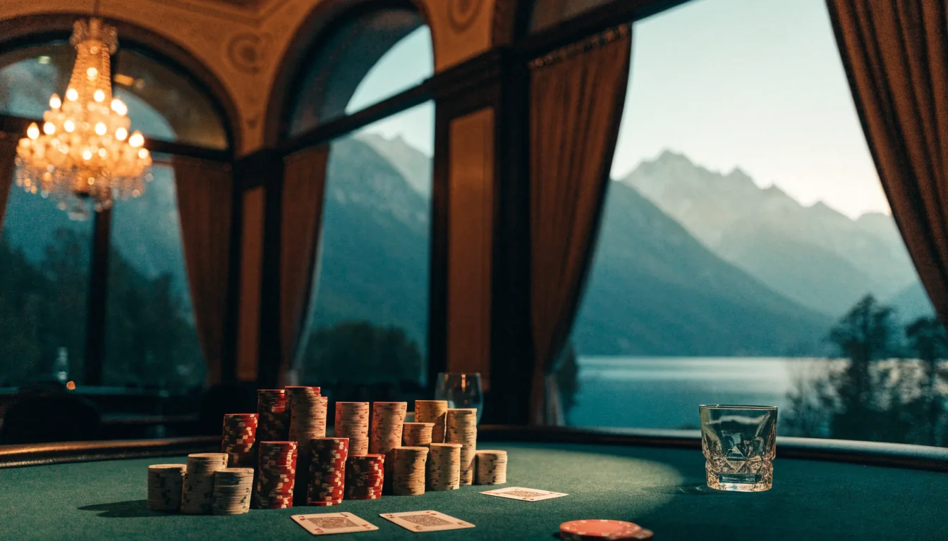 Casino blackjack table with chips and cards overlooking misty New Zealand Southern Alps.