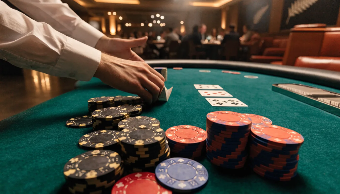 Casino blackjack table with chips and cards in New Zealand venue