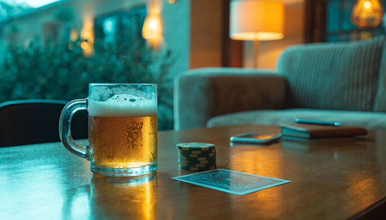 Casino chips and a face-down card on a wooden table in a warm lounge.
