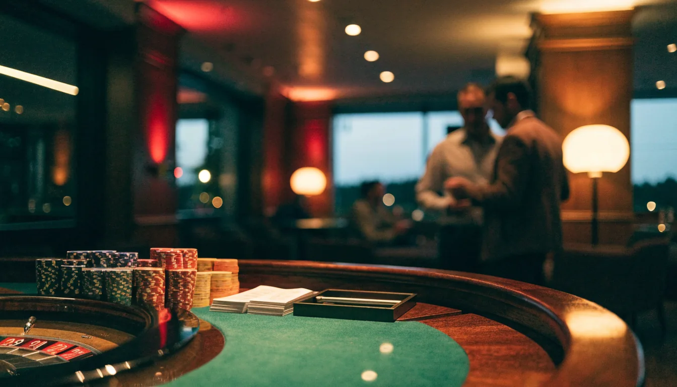 Elegant New Zealand casino lounge at twilight with roulette table and stacked chips