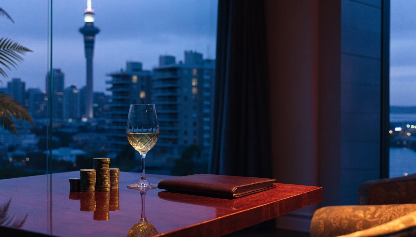 Stylized New Zealand lounge scene with casino chips, wine, and Auckland skyline at dusk
