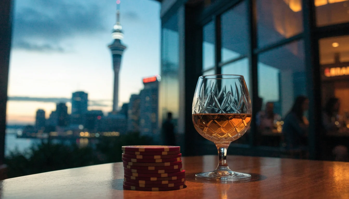 Casino chips on a wooden table with Auckland Sky Tower skyline at twilight