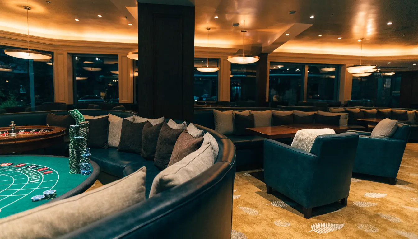 Elegant New Zealand casino lounge interior with roulette wheel and colorful chips on table