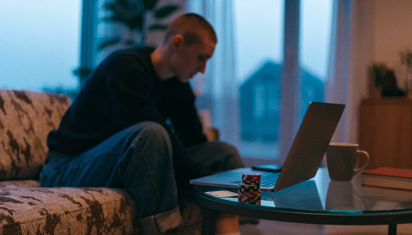 Person relaxing at home with laptop, casino chips and coffee on table
