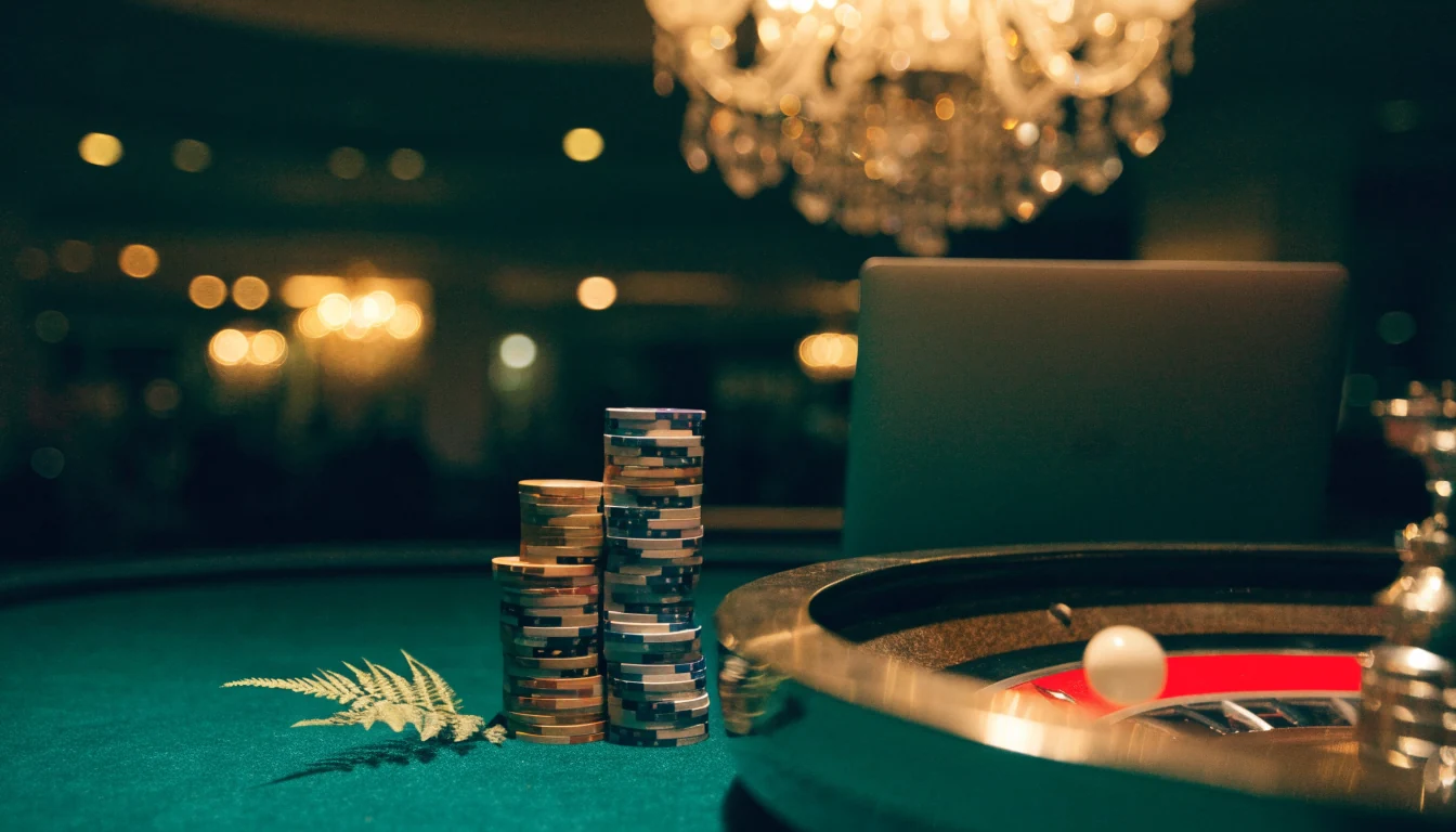 Casino chips and roulette wheel on a green table with a laptop nearby