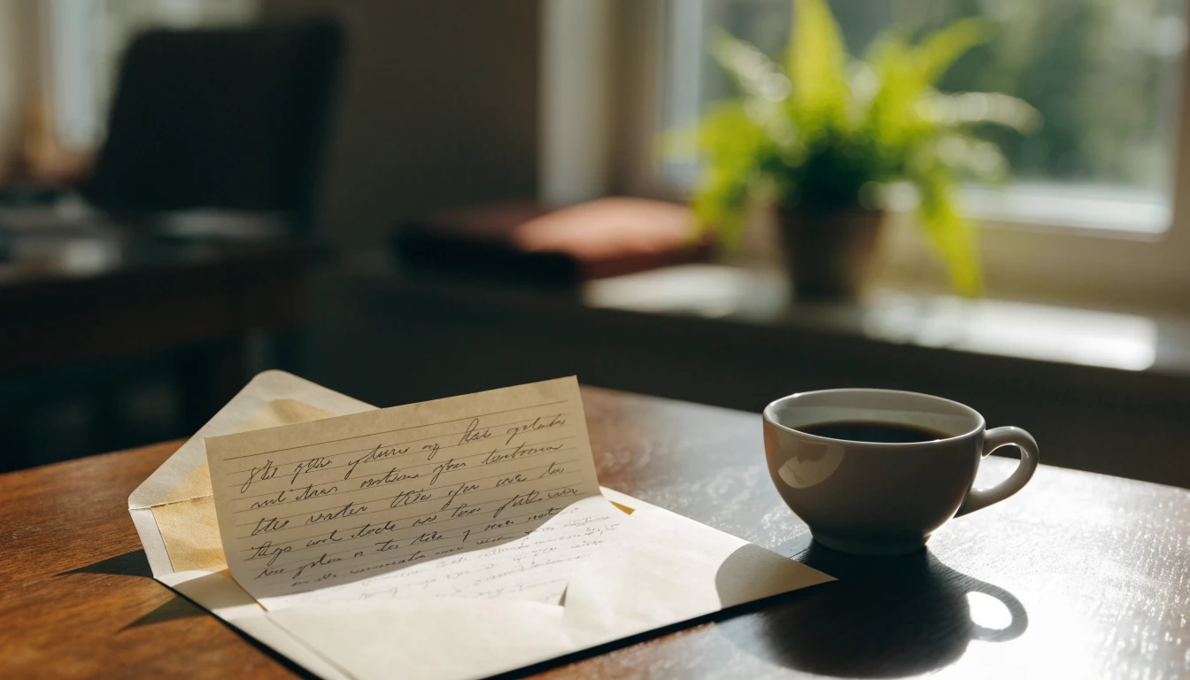 Open envelope with handwritten letter on a wooden desk in warm morning light