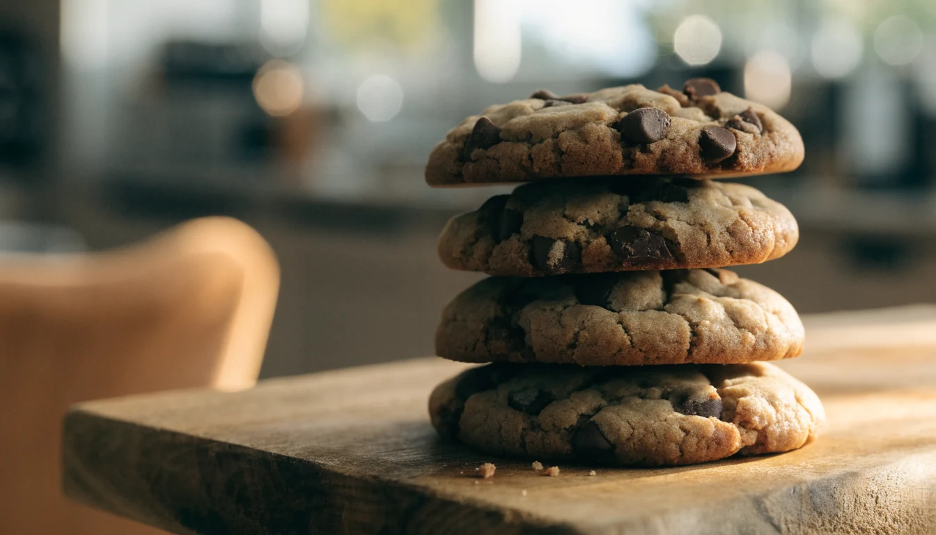 Stack of freshly baked chocolate chip cookies on a wooden board