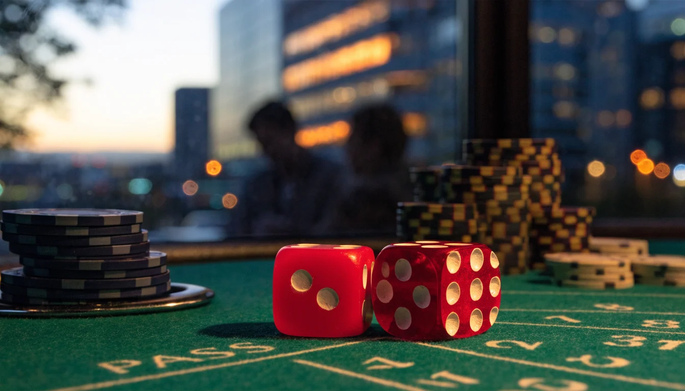 Casino dice and chips on a craps table with New Zealand city lights