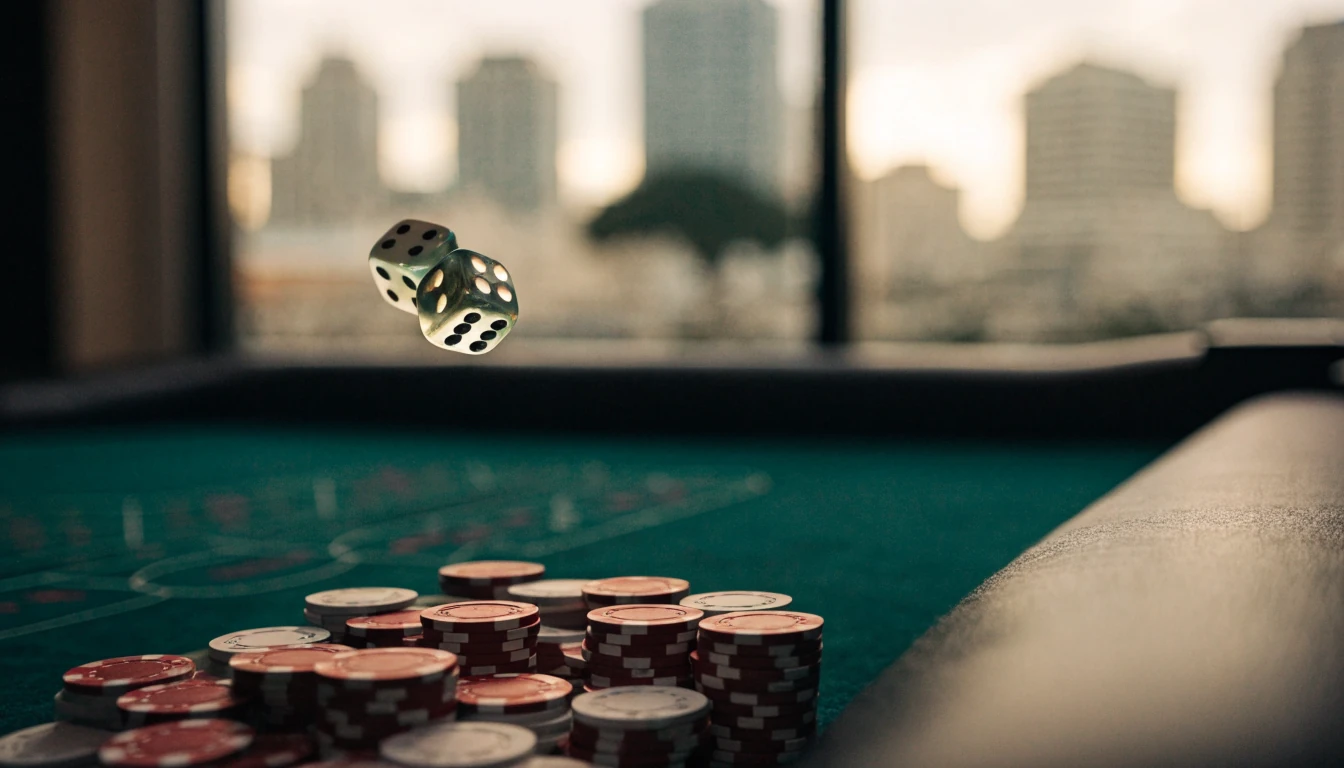 Casino craps table with chips and rolling dice, New Zealand skyline in background