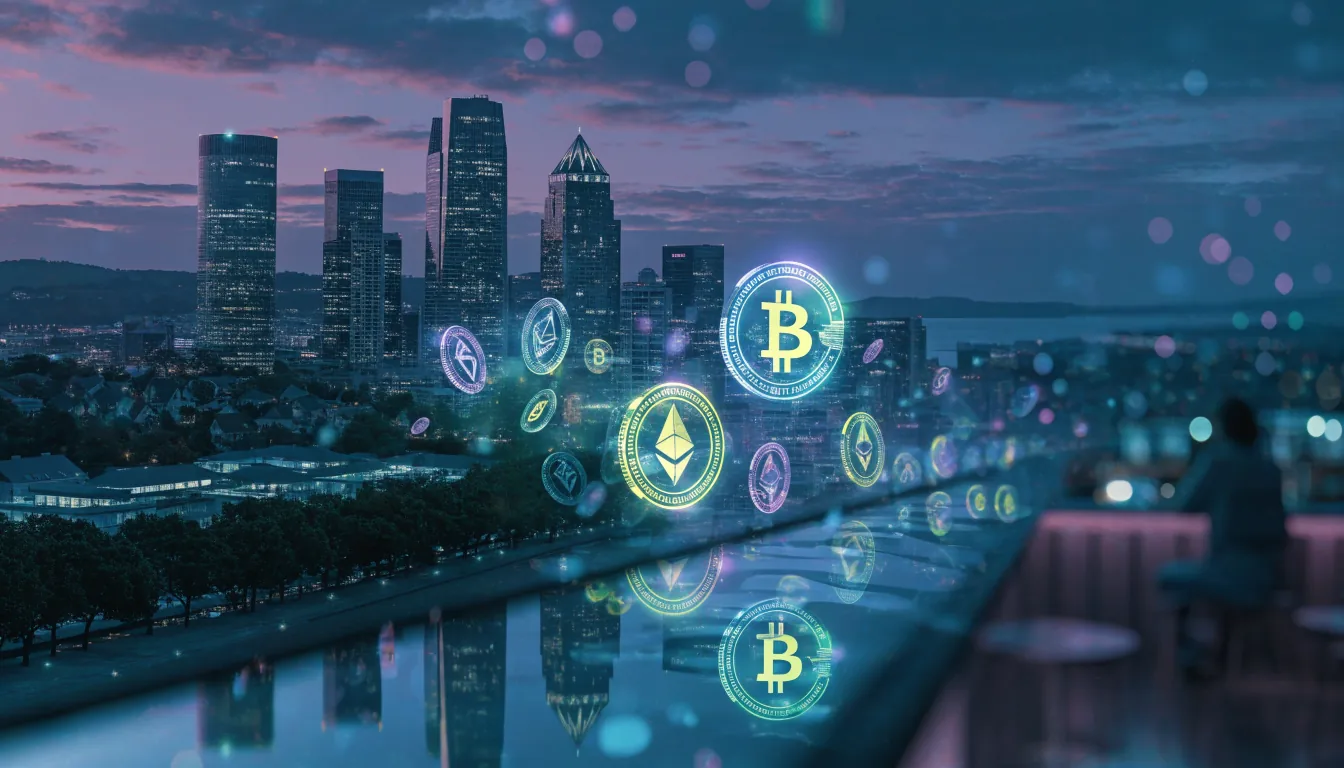 Crypto coins floating over Auckland skyline at twilight