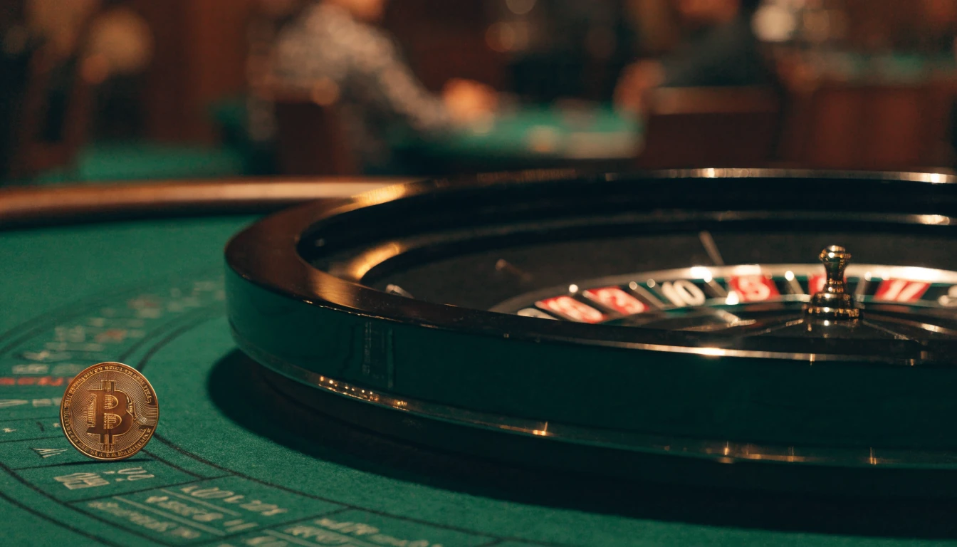 Casino roulette wheel with Bitcoin token on green felt table