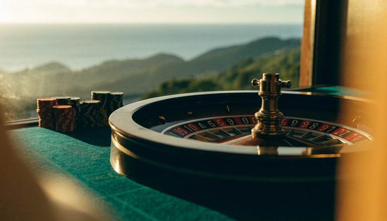 European roulette wheel on a casino table with a New Zealand coastal view in the background.
