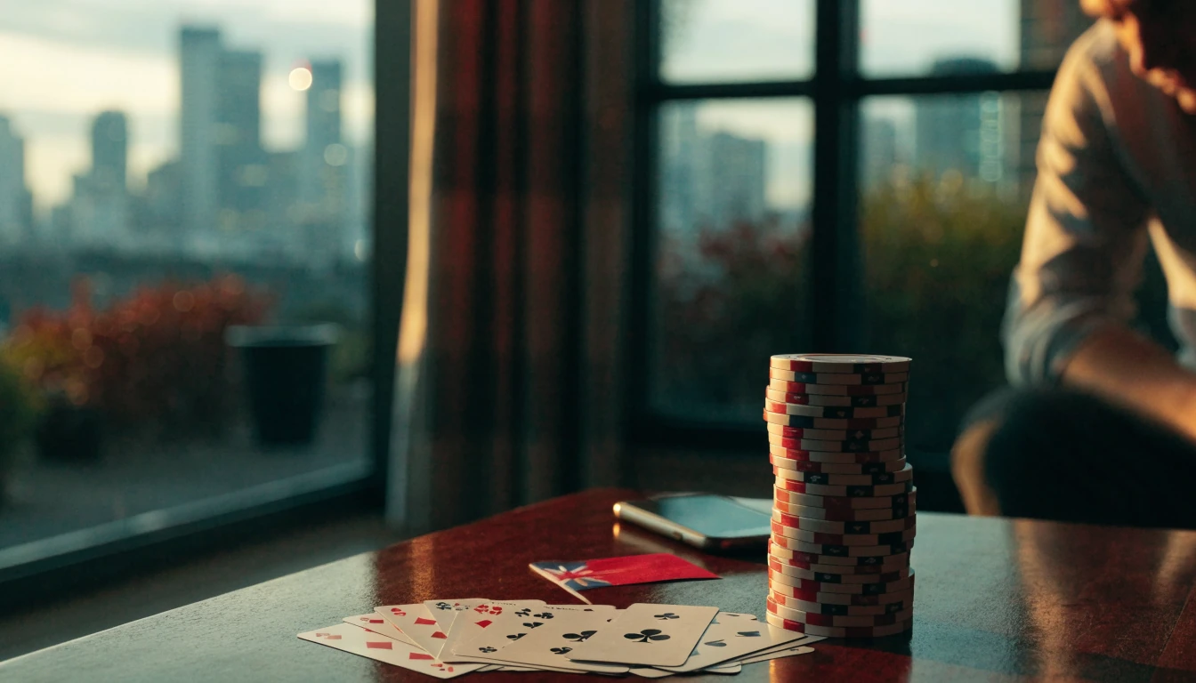 Casino chips, cards, and a New Zealand flag on a table at home