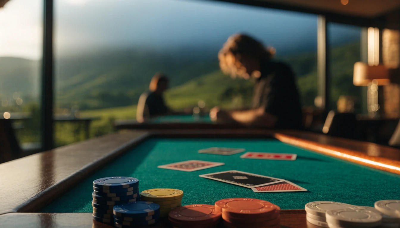 Casino card table with chips and cards near a window showing New Zealand hills