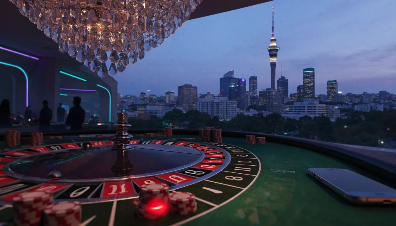 Stylized illustration of Auckland casino lounge with roulette table and smartphone