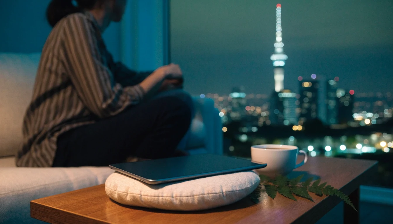 Auckland skyline at night with a tablet resting face-down on a coffee table