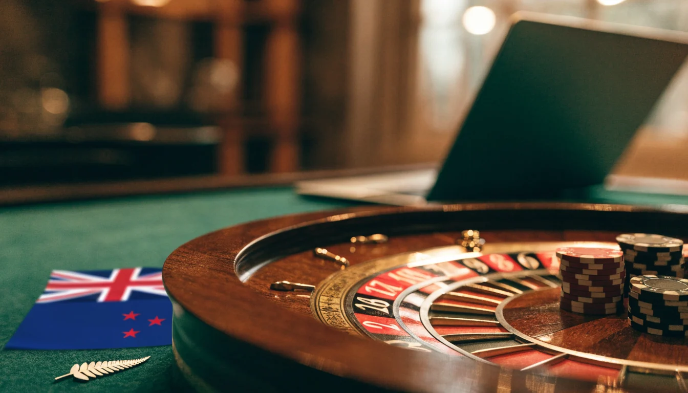 Roulette wheel with chips on a casino table, New Zealand setting.