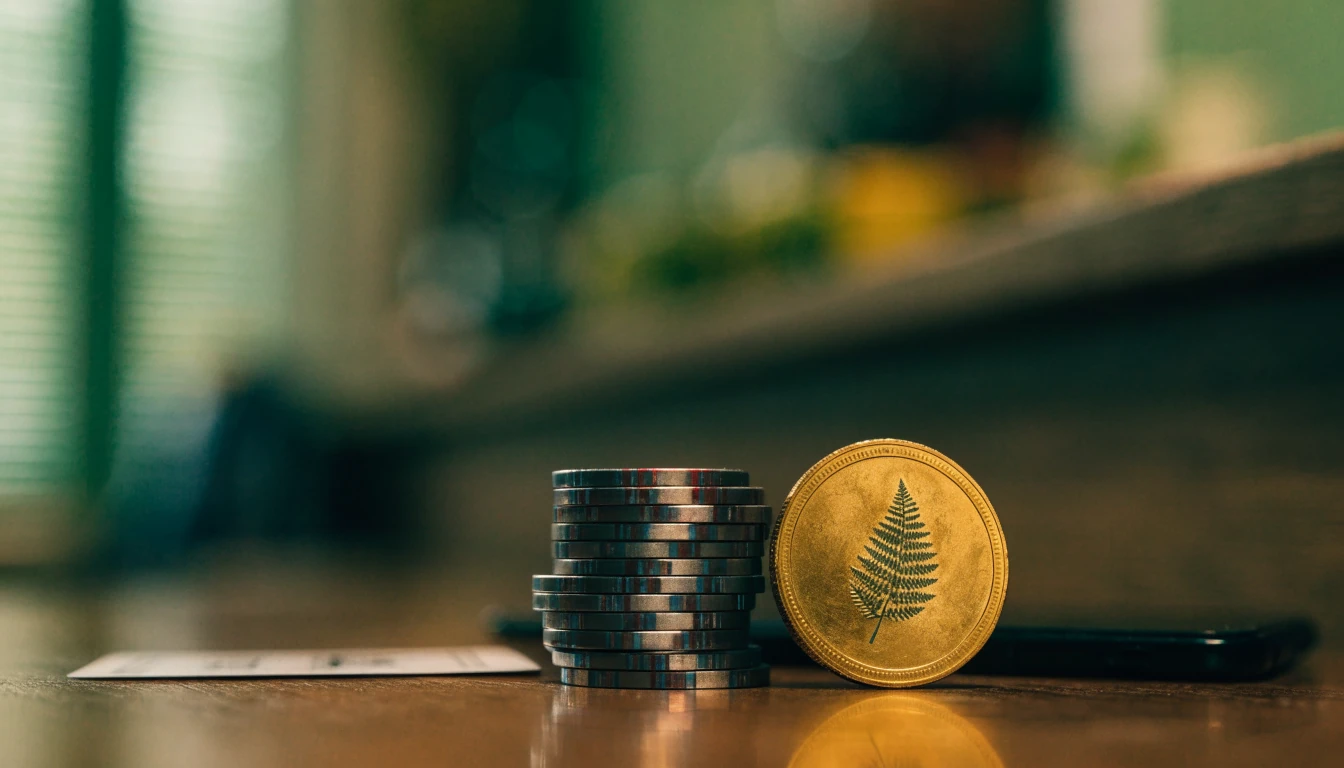 Casino chips, a face-down card, and a golden fern coin on a wooden desk
