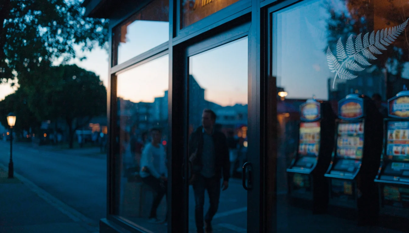 New Zealand pokies venue entrance at dusk with warm interior lighting