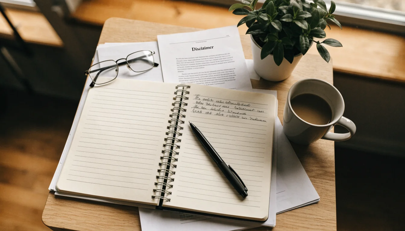 Flat-lay of a printed disclaimer document on a wooden desk with notebook and glasses