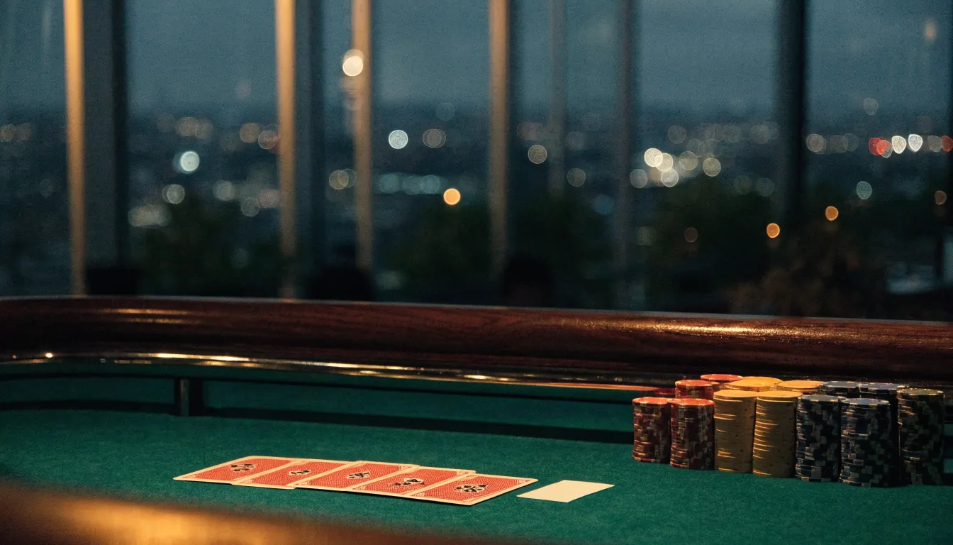 Blackjack table with casino chips and cards in a New Zealand casino at night