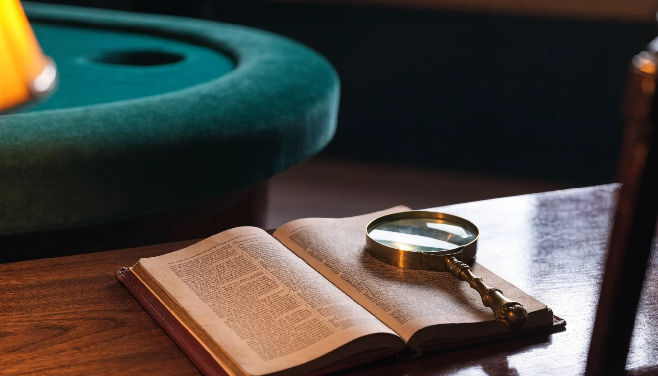 An open rulebook and magnifying glass on a casino table corner