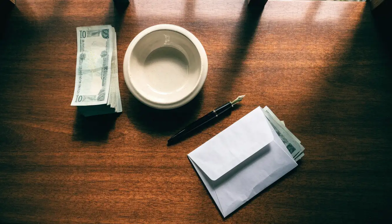 A desk divided between a deposit bowl and an outgoing envelope of cash